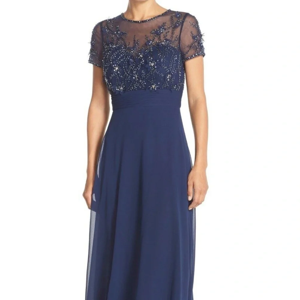 NWT JS Collections [ 0 or 2 ] Embellished Mesh & Chiffon‎ Gown in Navy Blue